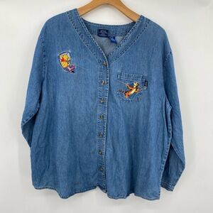 Vintage Pooh Disney Shirt Womens 26W 28W Denim Embroidery Retro Button‎ Up 90s